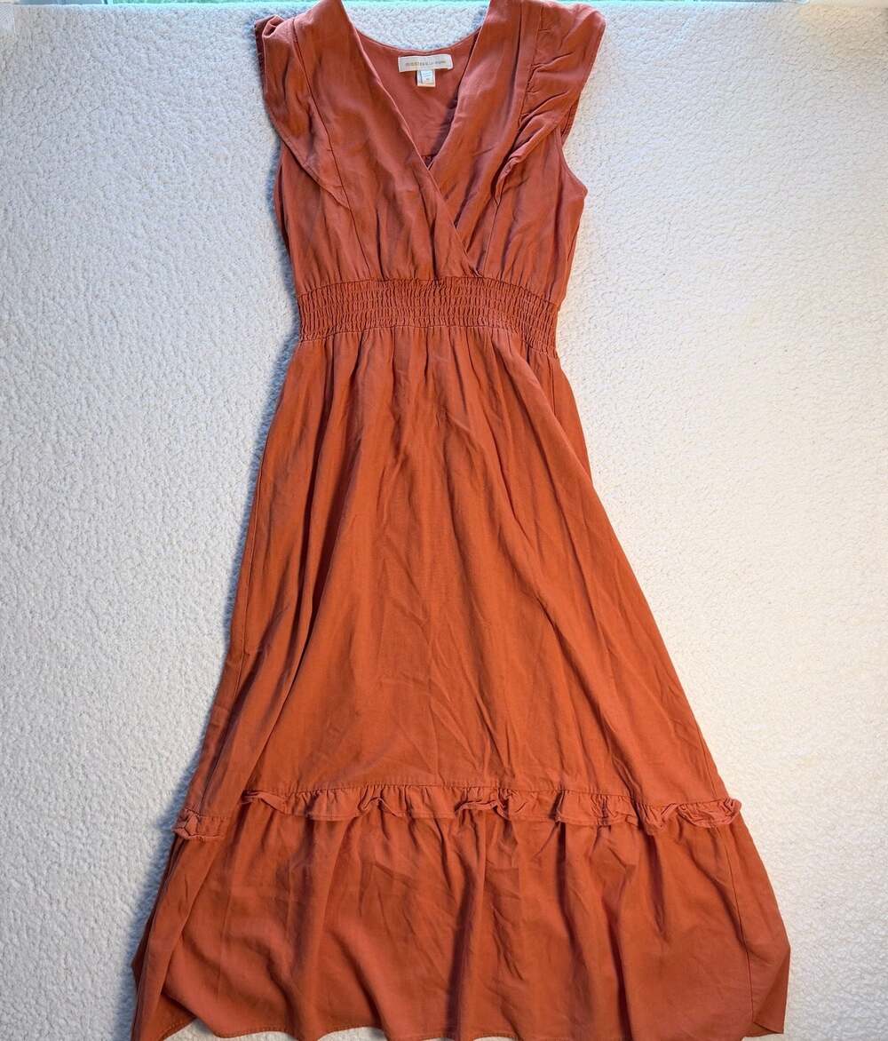 Monteau Los Angeles Rust Orange Ruffle Sleeve Smocked Waist Midi Dress Size M